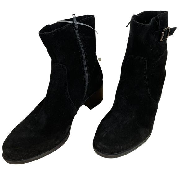 La Canadienne NWOB Halo Buckled Booties Black Suede Size 8 Floor Model Side Zip - Picture 3 of 11